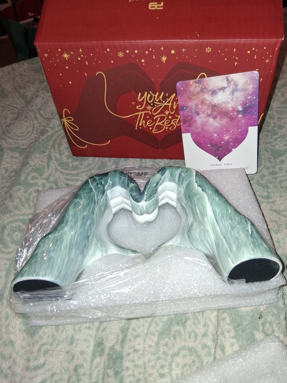 Green Faux Marble Hand Statue Decor- Heart Center
